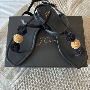 J. Crew Black Sandals with Tan and Black Pom-Poms